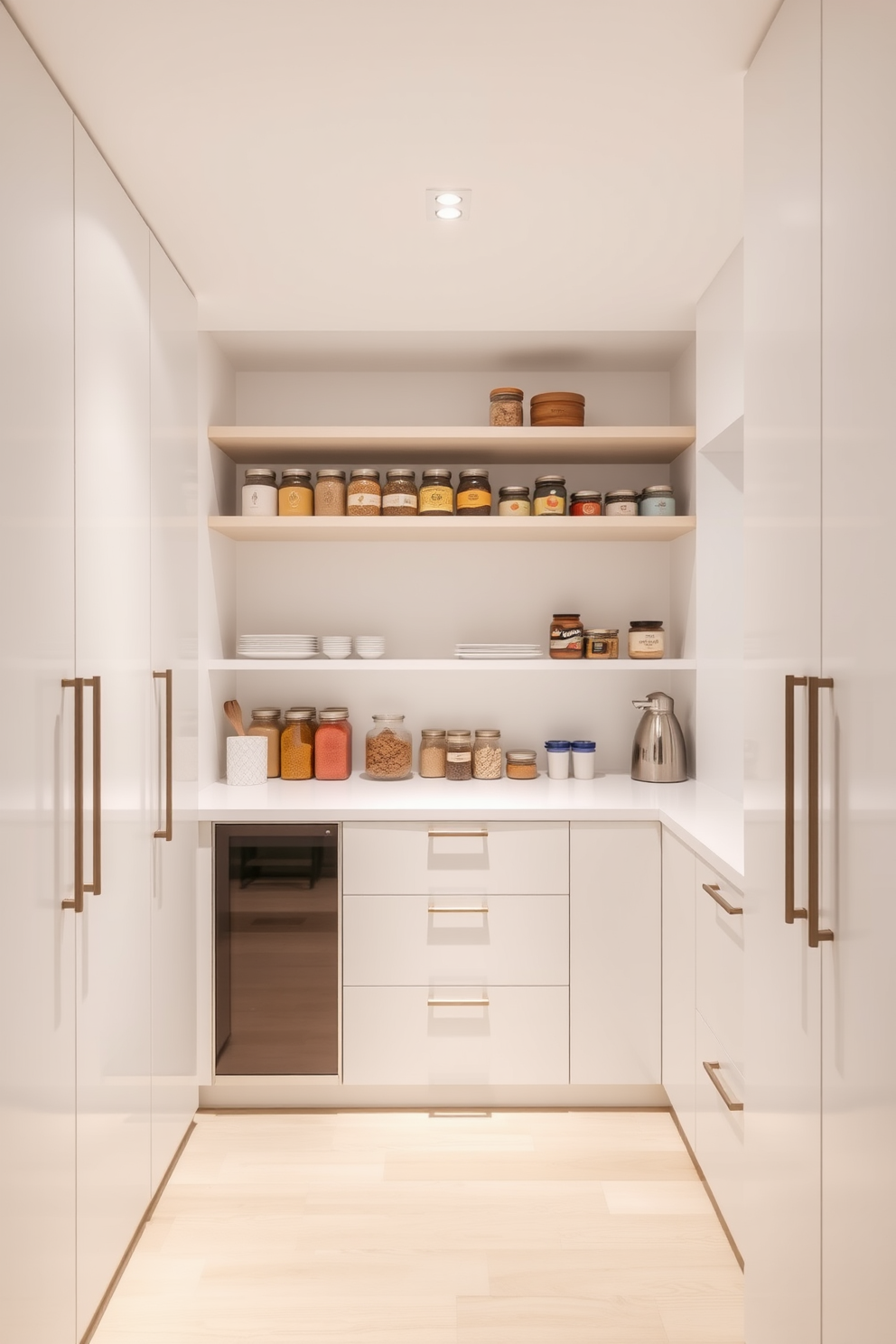 A minimalist pantry design featuring cabinetry with sleek, handle-less doors for a seamless look. The space is illuminated by soft, recessed lighting that highlights the clean lines and simplicity of the design. Open shelving above the countertops displays neatly organized jars and kitchen essentials, enhancing functionality while maintaining a tidy aesthetic. A subtle color palette of whites and light woods creates a bright and airy atmosphere in the modern pantry.