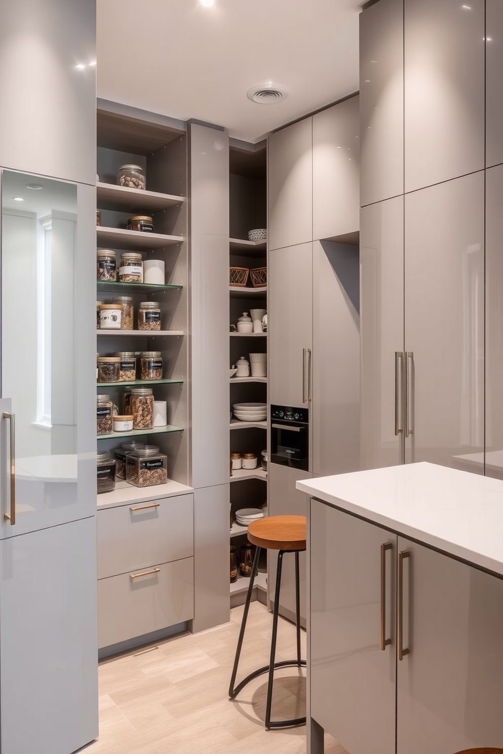 A modern pantry design featuring sleek cabinetry with a glossy finish in a soft gray color. The space is illuminated by recessed lighting, highlighting the organized shelves filled with glass jars and elegant containers. A large mirror is placed on one wall, reflecting the light and creating an illusion of a more spacious area. The pantry also includes a small island with bar stools, perfect for meal prep or casual dining.