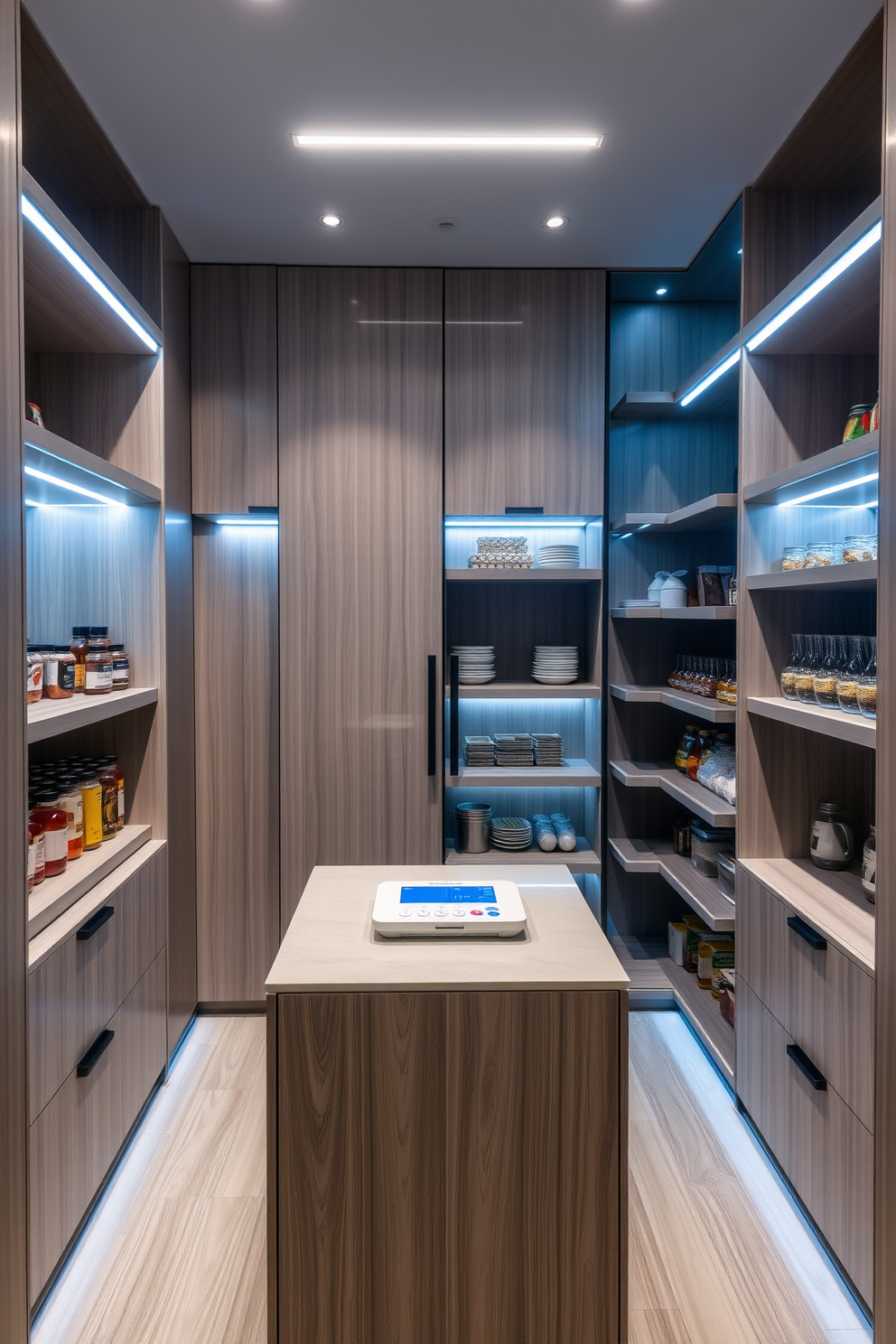 A sleek modern pantry featuring smart technology for inventory management. The pantry includes automated shelving units that adjust height and depth based on the items stored, with a touch screen interface for easy access. The walls are lined with custom cabinetry in a light wood finish, complemented by energy-efficient LED lighting. A central island provides additional storage and workspace, with a built-in smart scale to track inventory levels.