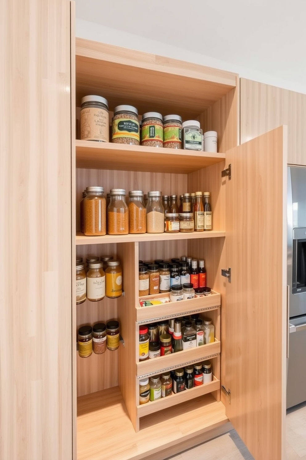 A modern pantry design featuring sleek cabinetry that incorporates a stylish spice rack seamlessly integrated into the shelves. The cabinetry is finished in a light wood tone, with open shelving above displaying neatly organized jars and containers for easy access.