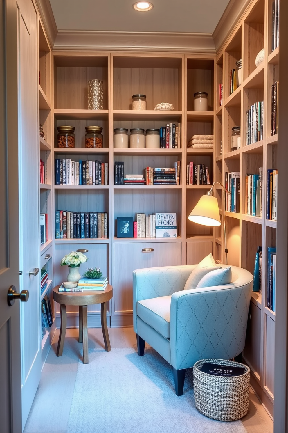 Create a cozy reading nook in a modern pantry. Include a comfortable armchair upholstered in soft fabric, a small side table for books and a warm lamp for reading light. Surround the nook with open shelves filled with cookbooks and decorative jars. Use a calming color palette with light wood accents and soft textiles to enhance the inviting atmosphere.