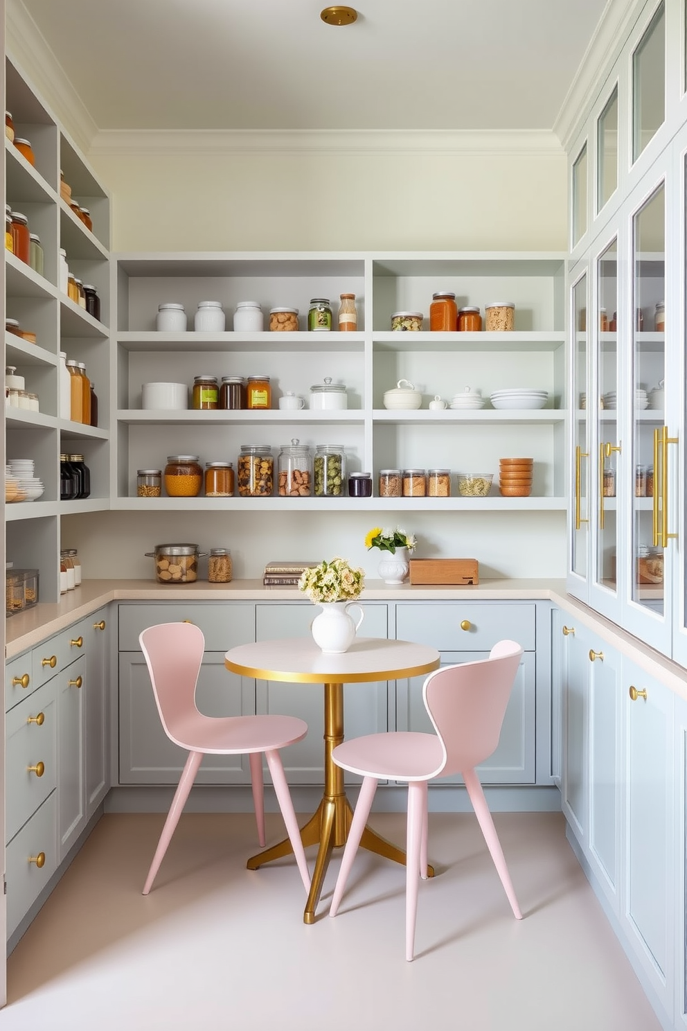 A modern pantry designed with a soft and inviting aesthetic. The walls are painted in a light pastel shade, creating a serene backdrop for open shelving filled with neatly organized jars and containers. The cabinetry features a blend of pastel blue and mint green tones, complemented by brass hardware for a touch of elegance. A cozy nook with a small round table and pastel-colored chairs invites casual dining and relaxation.