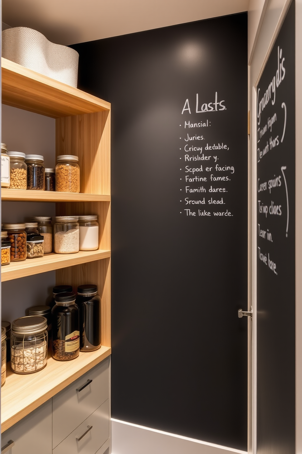 A sleek modern pantry featuring a chalkboard wall designated for grocery lists. The space includes open shelving made of light wood, filled with neatly organized jars and containers for easy access.