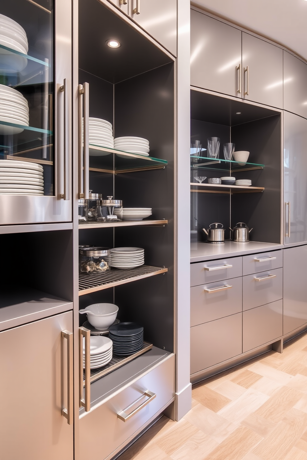 A modern pantry design featuring sleek metal finishes that enhance the contemporary aesthetic. The cabinetry is adorned with brushed stainless steel handles and accents, providing a polished look. Open shelving made of glass and metal showcases stylish dishware and pantry essentials. The flooring is a light wood that complements the sleek finishes, creating a warm yet modern atmosphere.