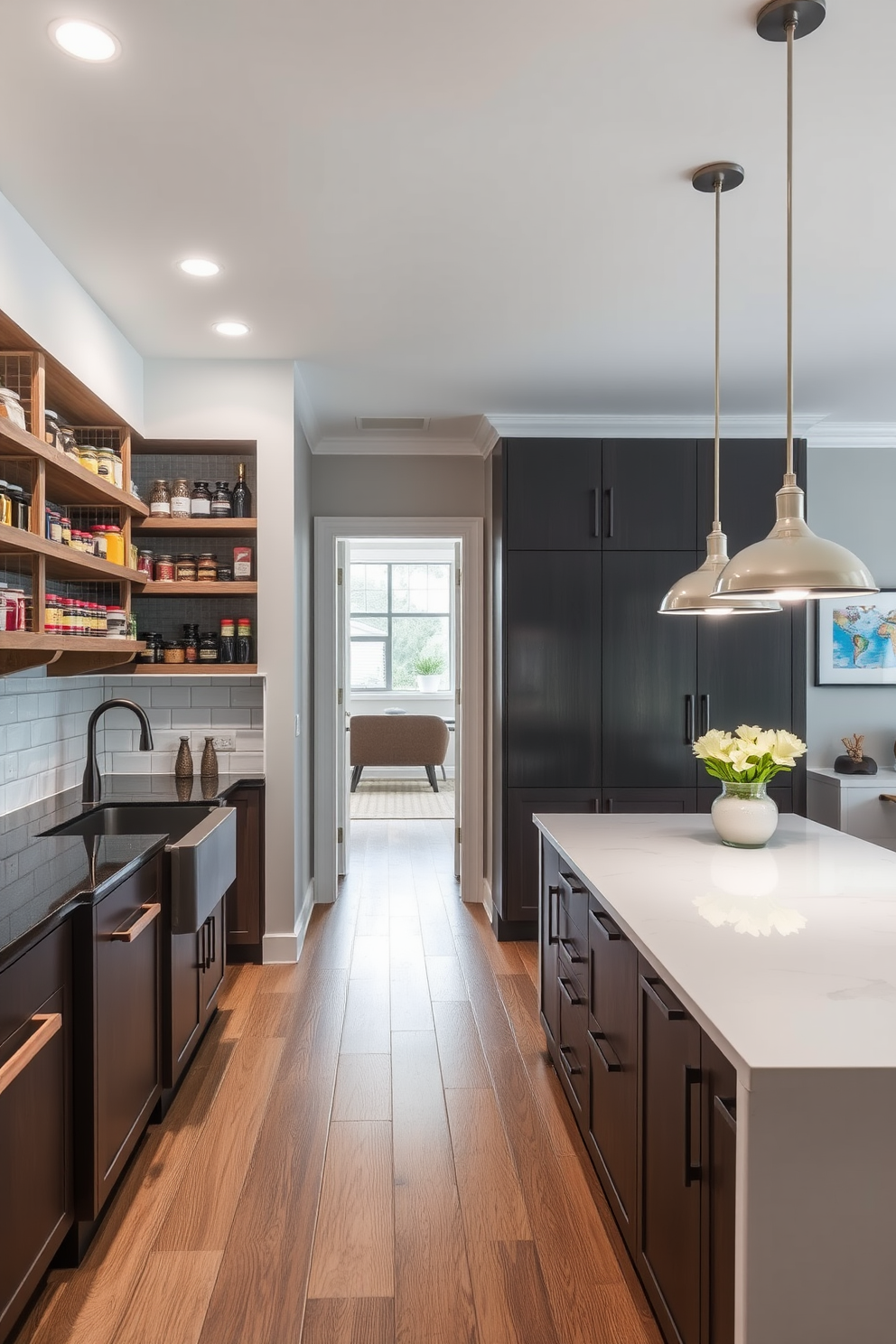 Open concept pantry seamlessly flows into the kitchen creating a cohesive space. The pantry features open shelving made of reclaimed wood, displaying neatly organized jars and spices alongside a large farmhouse sink. The kitchen area showcases a large island with a white quartz countertop, perfect for meal prep and casual dining. Pendant lights hang above the island, illuminating the space and adding a touch of elegance to the modern design.