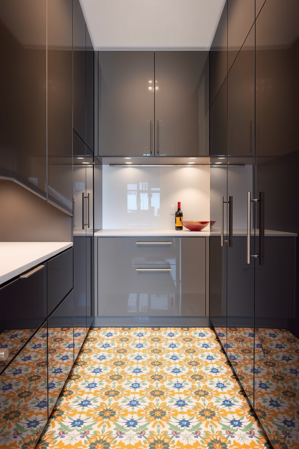 A modern pantry featuring sleek cabinetry with a high-gloss finish. The flooring is adorned with colorful patterned tiles that add visual interest and contrast to the minimalist design.