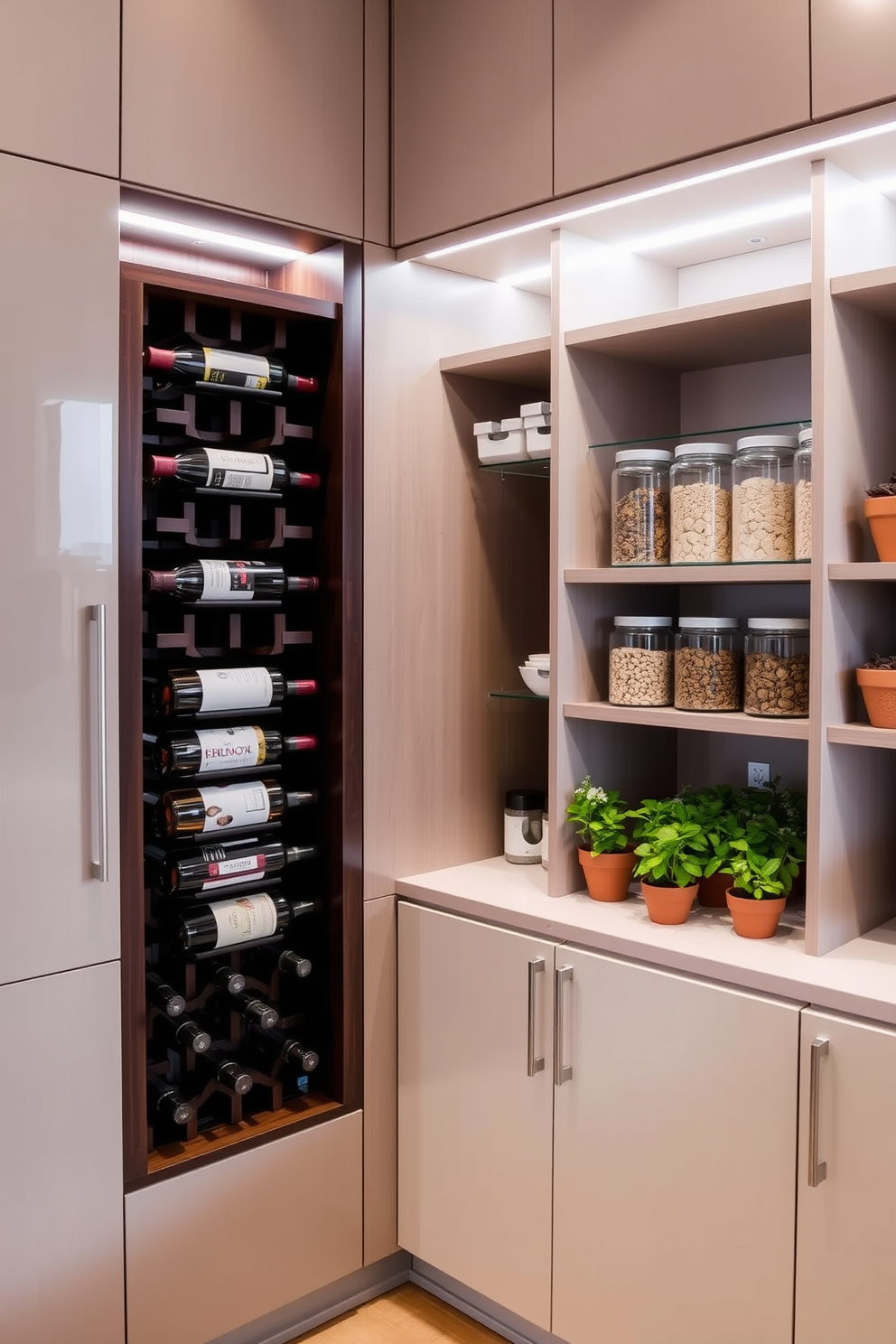 A modern pantry design featuring a sleek wine rack integrated into the cabinetry. The wine rack is made of dark wood and holds an assortment of wine bottles, adding a touch of elegance to the space. The pantry shelves are organized with glass containers for dry goods and fresh herbs in terracotta pots. Soft LED lighting illuminates the area, highlighting the clean lines and contemporary finishes of the cabinetry.