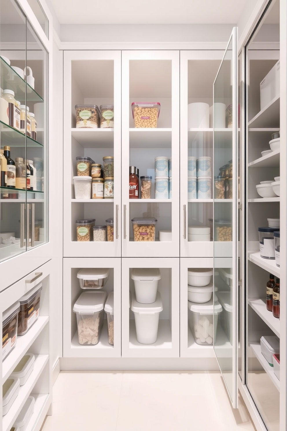 A modern pantry design featuring glass-front cabinets that allow for easy visibility of stored items. The cabinets are paired with sleek white shelving and organized containers, creating a clean and functional space.