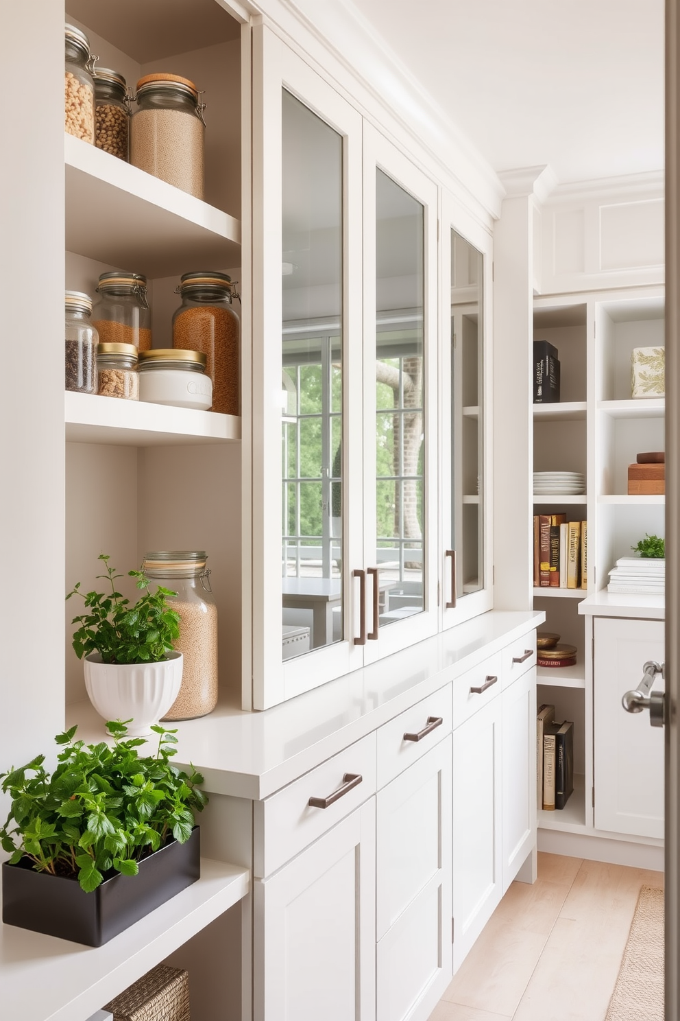 A modern pantry with sleek cabinetry in a soft white finish. The shelves are neatly organized with glass jars filled with grains and spices, while a small herb garden sits on the countertop, adding a touch of greenery. The pantry features open shelving to display decorative dishes and cookbooks. A large window allows natural light to flood the space, enhancing the fresh and inviting atmosphere.