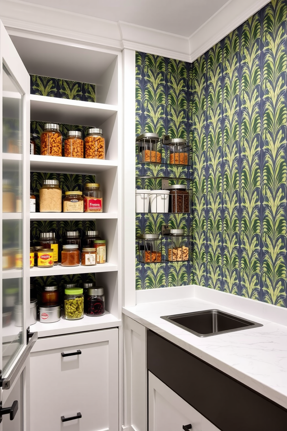 A modern pantry featuring bold wallpaper that adds a striking visual element to the walls. The space is organized with open shelving displaying neatly arranged jars and containers, complemented by a sleek countertop for meal prep.