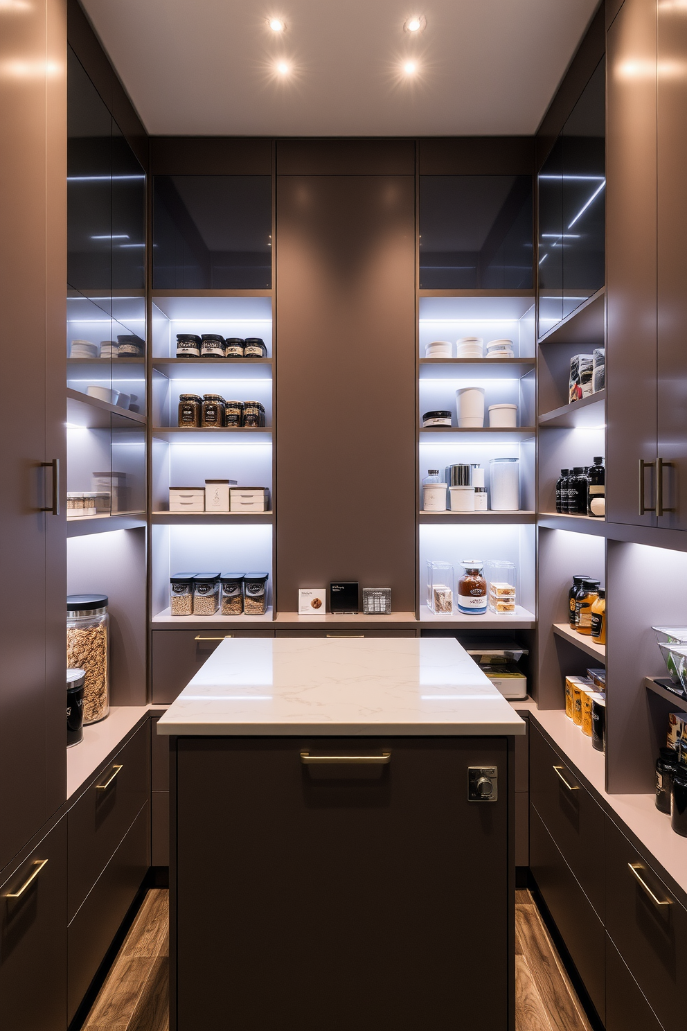 A modern pantry design featuring integrated lighting that highlights the sleek cabinetry and open shelving. The space includes a central island with a marble countertop, surrounded by organized storage solutions and stylish containers.