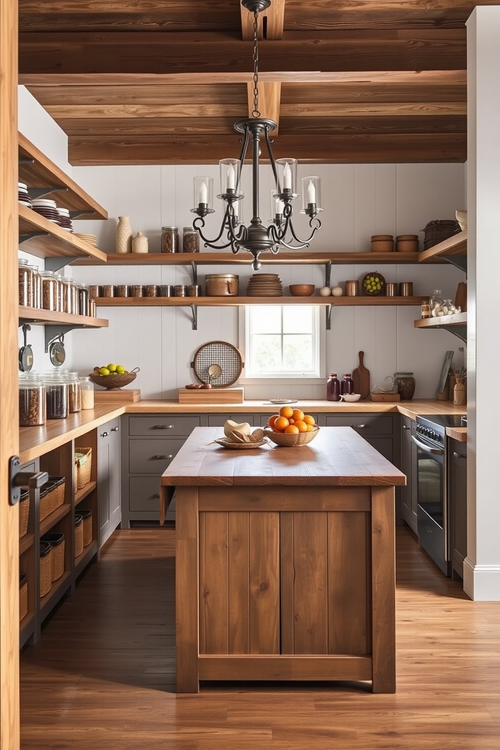 A charming farmhouse pantry featuring reclaimed wood accents throughout the space. Open shelving displays rustic jars and fresh produce, while a large wooden island provides ample workspace. The walls are painted in a soft white to enhance the natural light. A vintage chandelier hangs above the island, adding a touch of elegance to the cozy atmosphere.