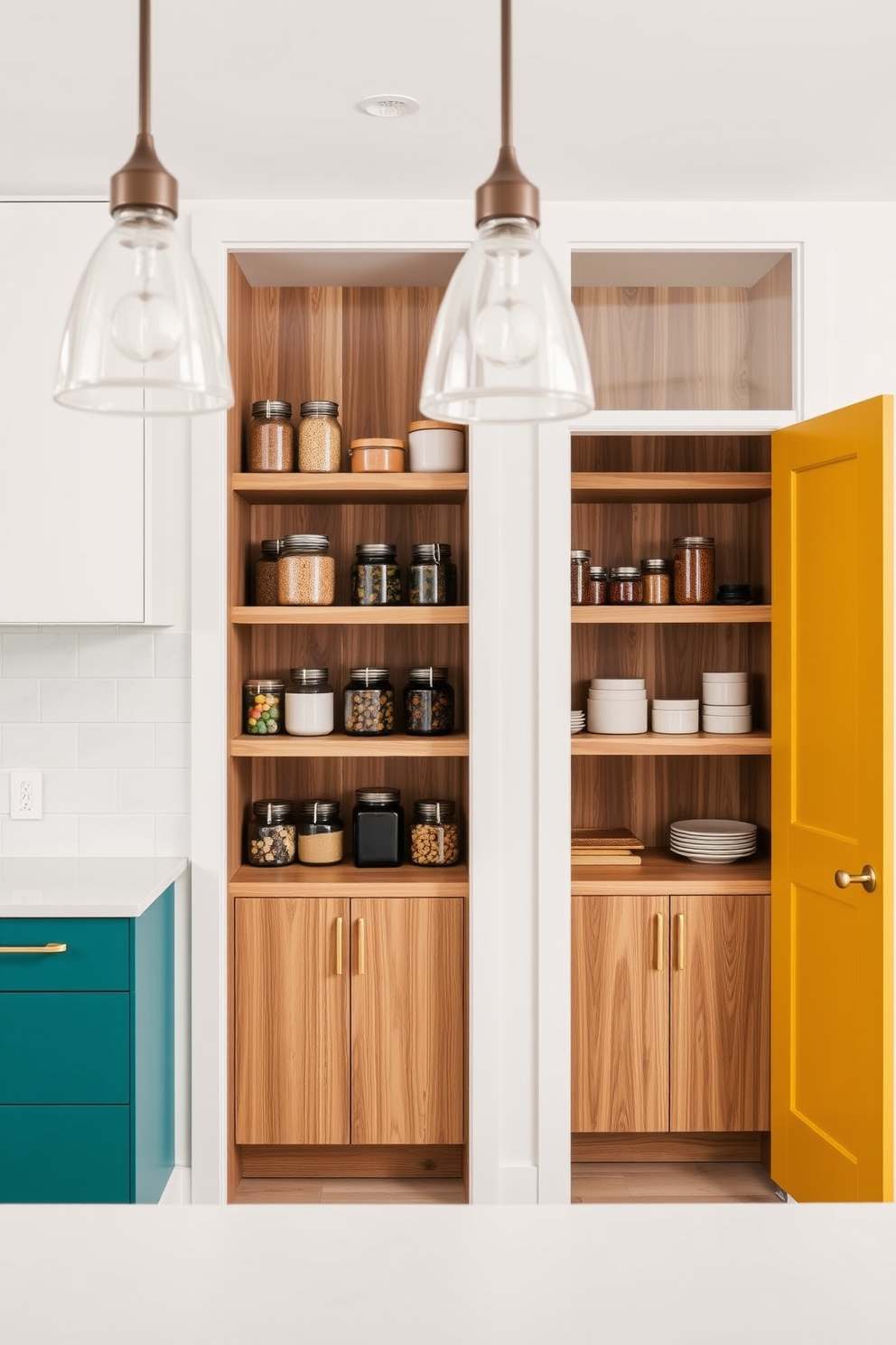 Colorful pantry doors add a vibrant touch to a modern kitchen. The doors are painted in bold hues such as teal and mustard, creating an eye-catching focal point. Inside, the pantry features open shelving made of natural wood, displaying neatly organized jars and containers. A sleek countertop provides space for meal prep, complemented by stylish lighting fixtures overhead.