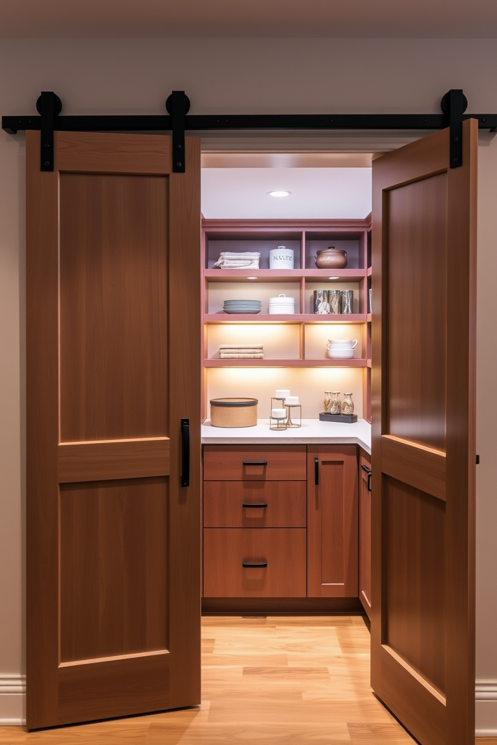 A hidden pantry behind sliding barn doors features sleek cabinetry with open shelving for easy access to essentials. The space is illuminated with warm, ambient lighting, creating an inviting atmosphere while maintaining a clean and organized look.