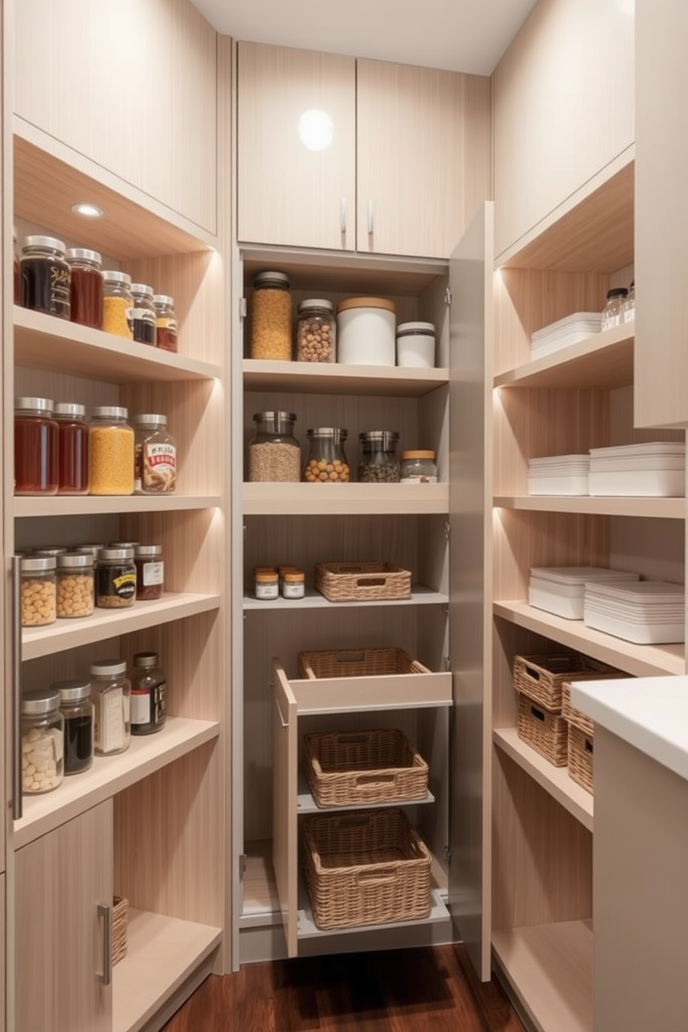 A sleek modern pantry featuring vertical storage solutions to maximize space. The walls are lined with open shelving made of light wood, showcasing neatly organized jars and containers. A compact kitchen corner with a tall pantry cabinet that incorporates pull-out shelves and baskets. The design utilizes a soft color palette and integrated lighting to enhance visibility and accessibility.