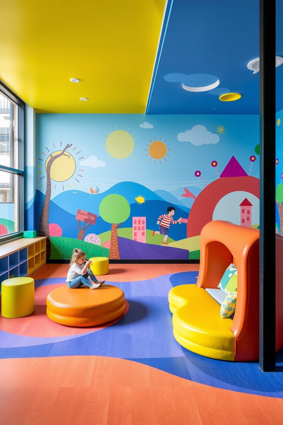 Bright colorful wall murals that inspire creativity adorn the walls of a modern playroom. The space features vibrant designs that stimulate imagination and encourage play, with comfortable seating areas and interactive elements throughout.