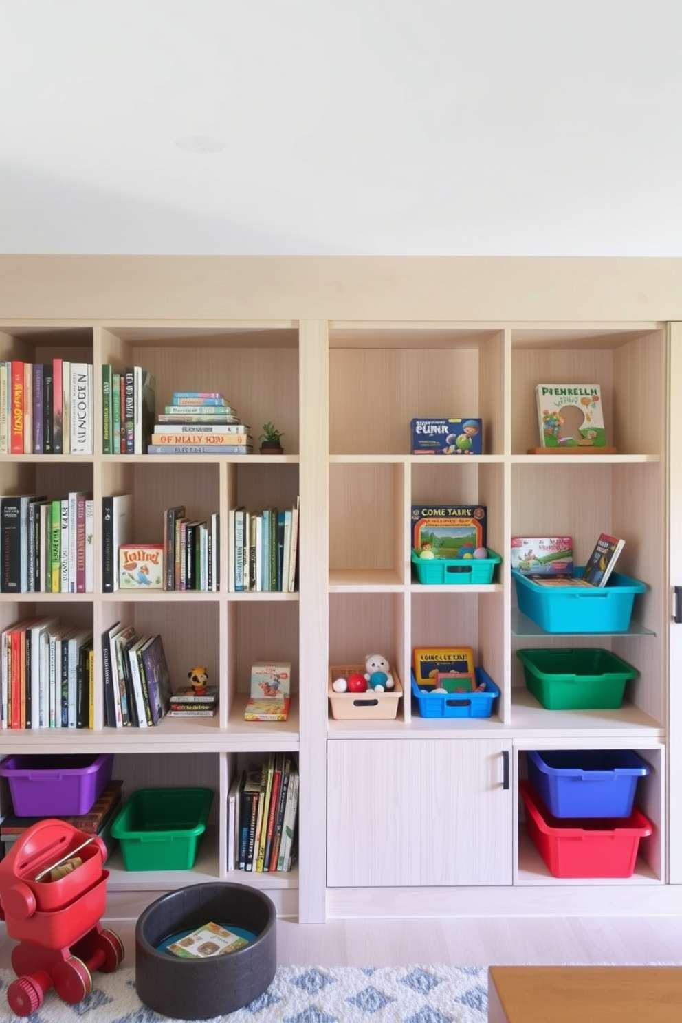 A modern playroom featuring built-in shelving designed for books and games. The shelving is crafted from light wood, offering a clean and airy aesthetic, with colorful bins neatly arranged for easy access to toys.