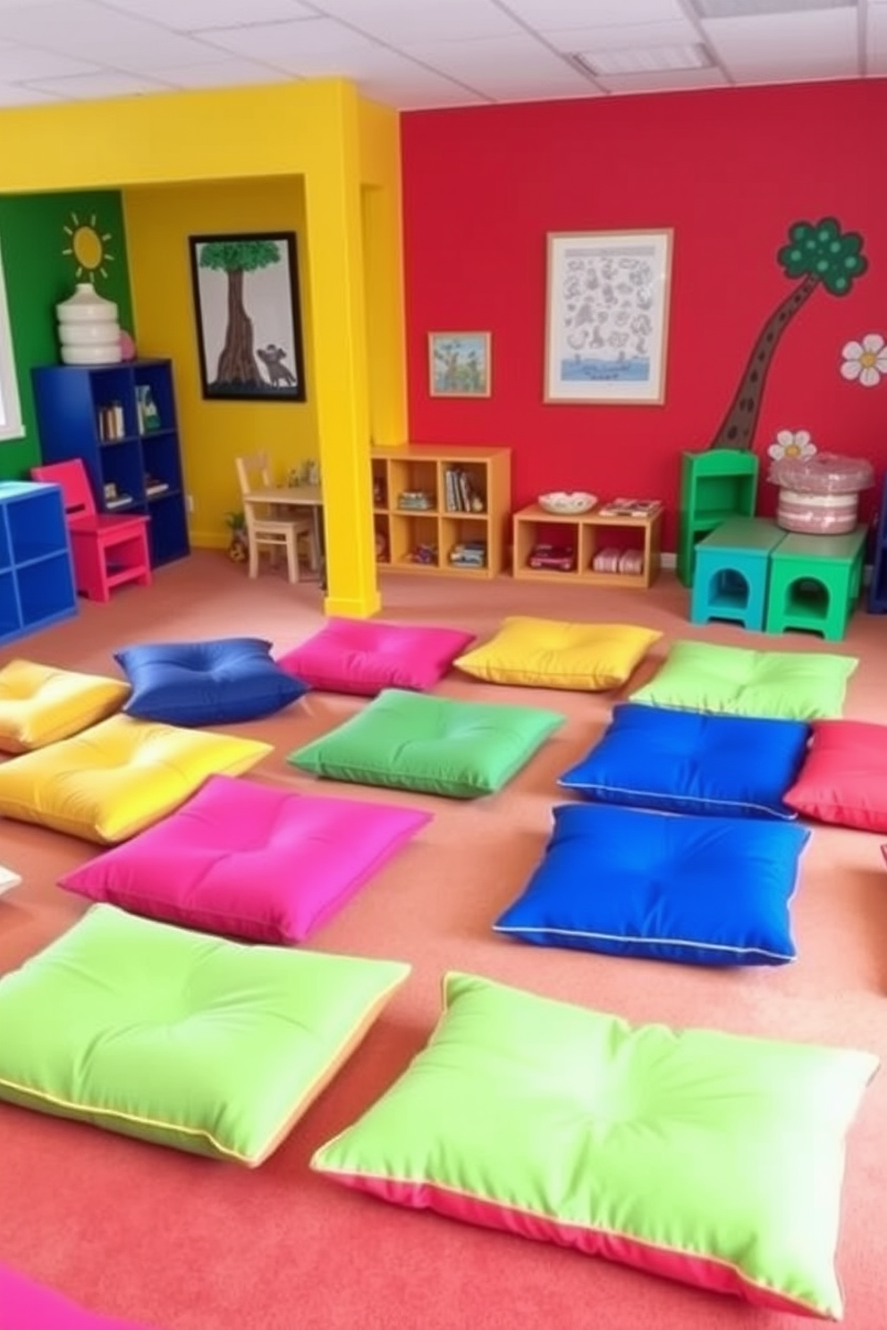 A vibrant playroom filled with colorful floor cushions scattered around for casual seating options. The walls are painted in bright primary colors, and playful artwork adorns the space, creating an inviting atmosphere for children to relax and play.