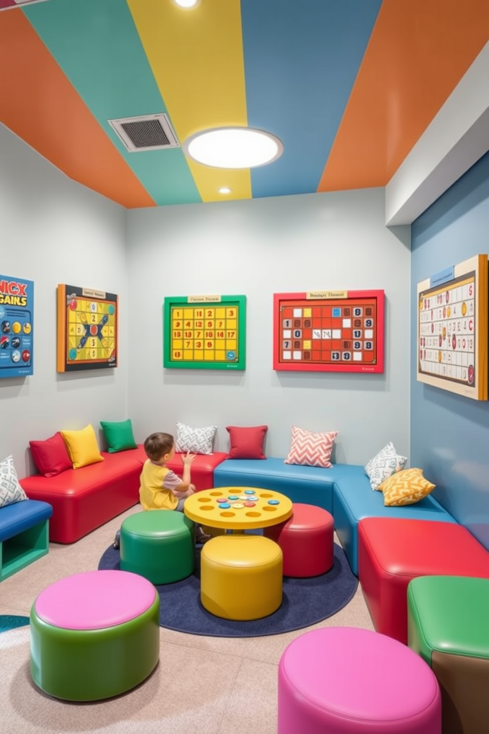 A modern playroom designed for fun activities features wall-mounted game boards that encourage interactive play. The space is filled with vibrant colors and comfortable seating, creating an inviting atmosphere for children to explore and enjoy.