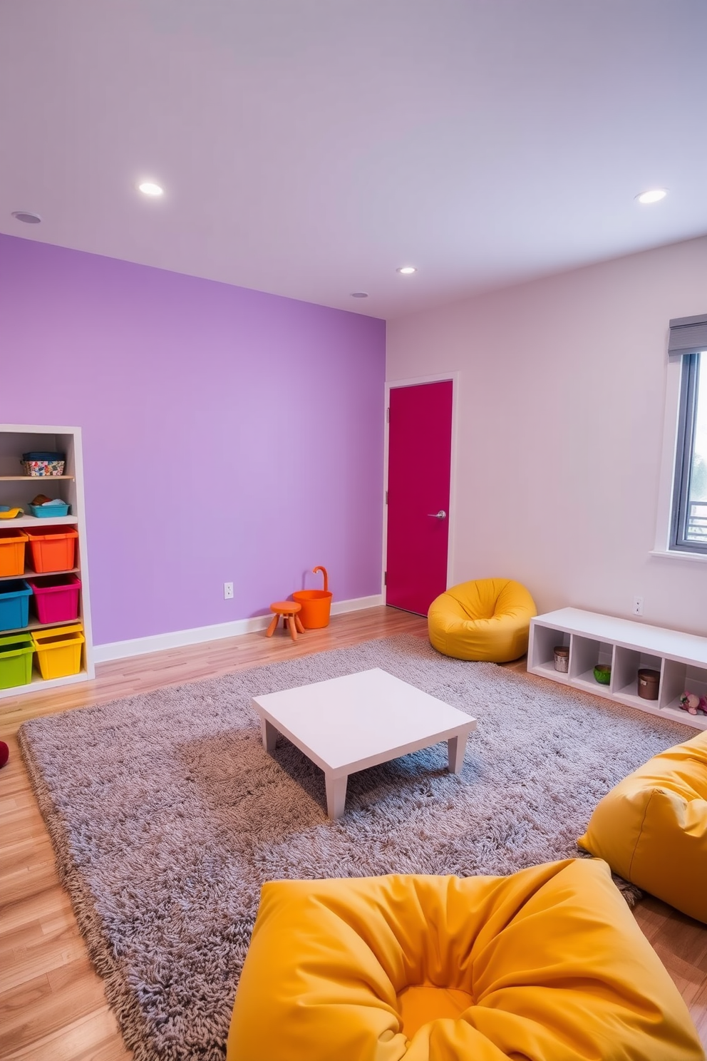 A modern playroom designed for creativity and fun. The walls are painted in a soft pastel color, and colorful storage bins are neatly arranged along one side. A large, plush area rug covers the floor, providing a comfortable space for play. Brightly colored furniture, including a low table and bean bags, encourages imaginative activities.