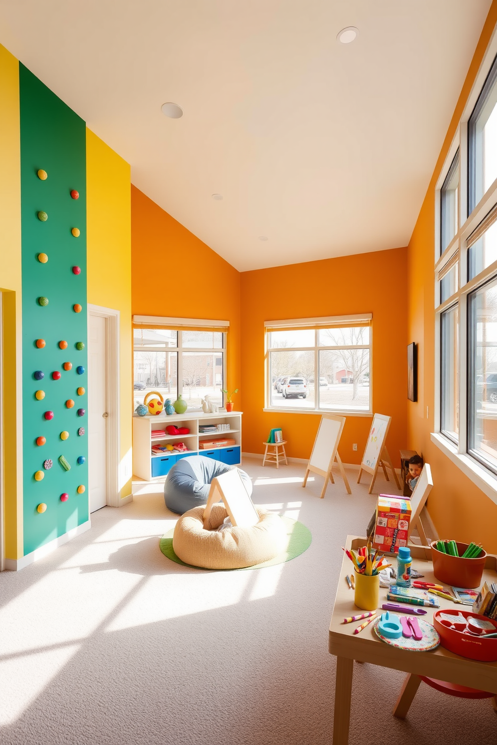 A modern playroom design featuring a small climbing wall integrated into one corner. The walls are painted in bright, cheerful colors, with soft flooring for safety and comfort. In the center, there are various play zones including a reading nook with plush bean bags and a creative art station with easels and supplies. Large windows allow natural light to flood the space, creating an inviting atmosphere for play and exploration.