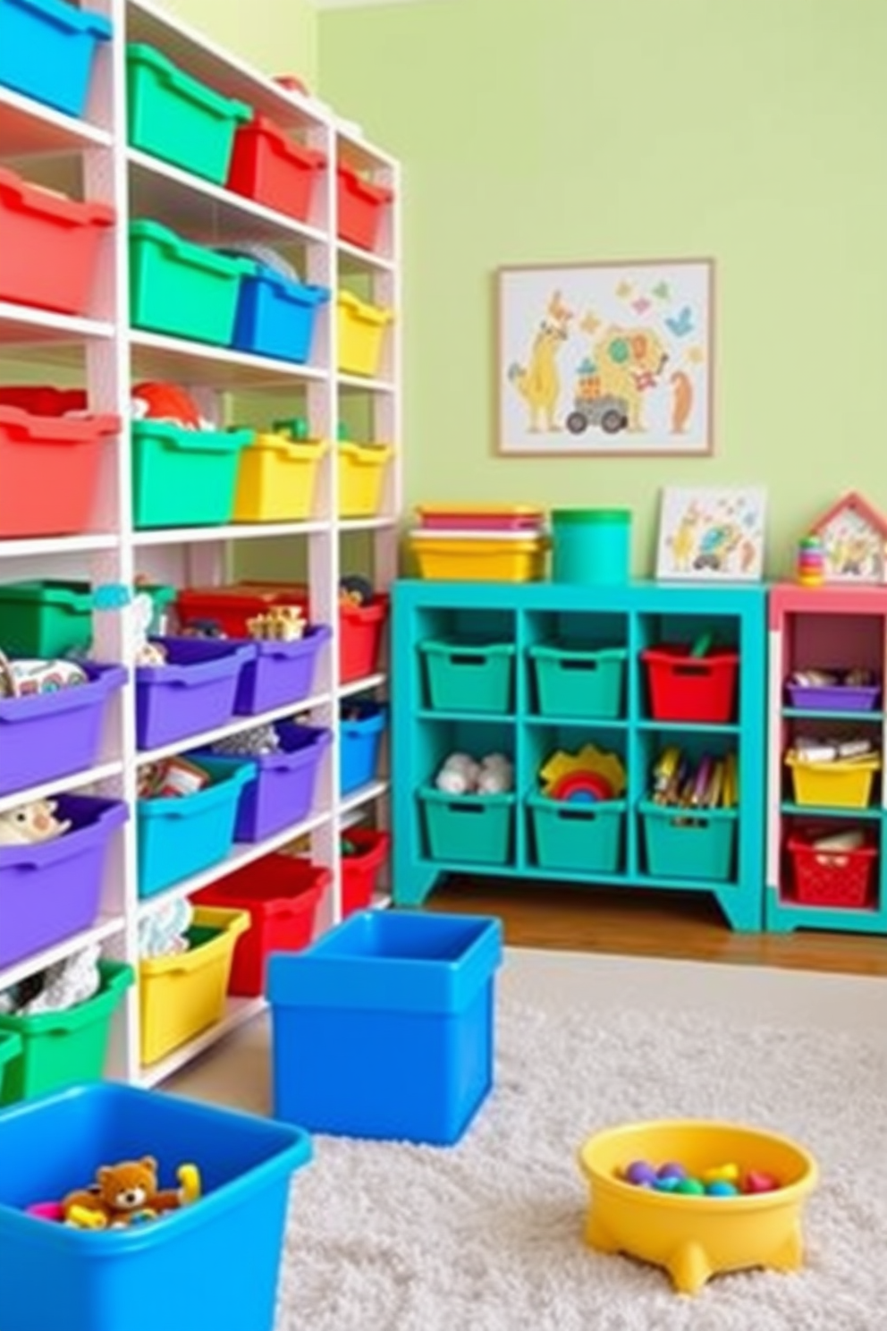 A vibrant playroom filled with colorful bins for easy toy storage. The walls are painted in cheerful pastel shades, and a soft area rug provides a cozy play space.