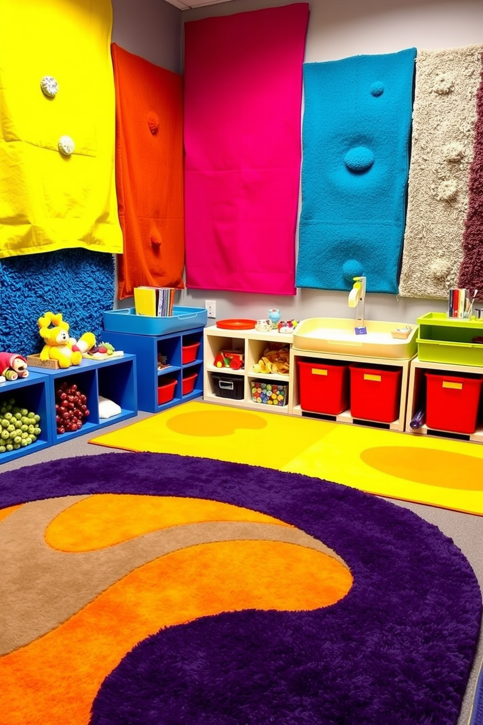 A sensory play area designed for children features various textured materials that invite exploration and creativity. Soft rugs in vibrant colors cover the floor, while wall panels made of different fabrics provide tactile stimulation. The playroom includes a variety of sensory toys and interactive elements, such as a water play station and a sand table. Brightly colored storage bins organize toys and craft supplies, encouraging an engaging and playful environment.