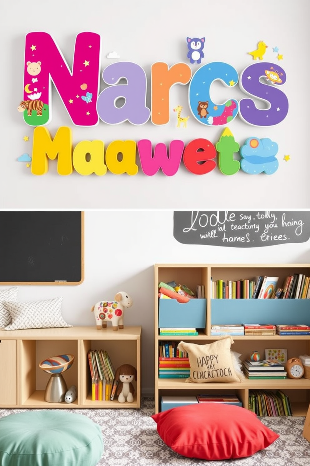 Personalized name wall art for kids. The artwork features vibrant colors and playful fonts, showcasing each child's name surrounded by whimsical illustrations of animals and stars. Modern playroom design ideas. The space includes modular furniture with soft edges, a chalkboard wall for creativity, and a cozy reading nook filled with plush cushions and shelves of colorful books.