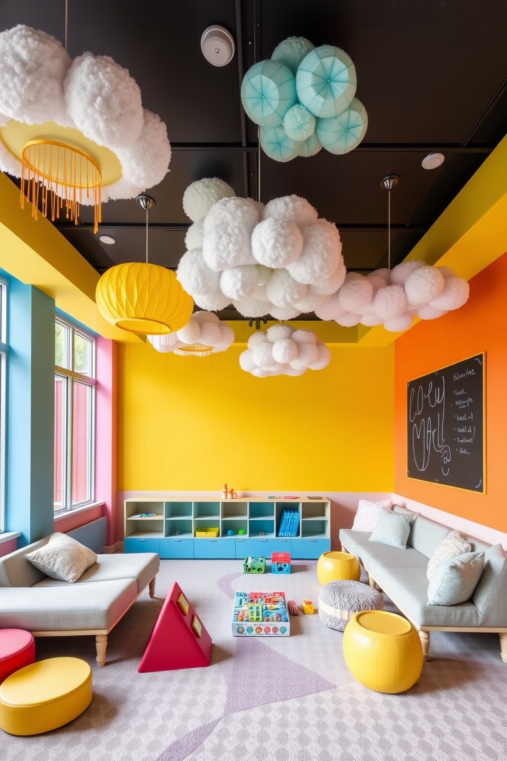 A vibrant playroom filled with creativity and joy. The ceiling features whimsical hanging elements like colorful paper lanterns and plush cloud shapes that add a playful touch. The walls are painted in bright, cheerful colors with a chalkboard section for drawing. Soft, comfortable seating is arranged around a central play area with interactive toys and games.