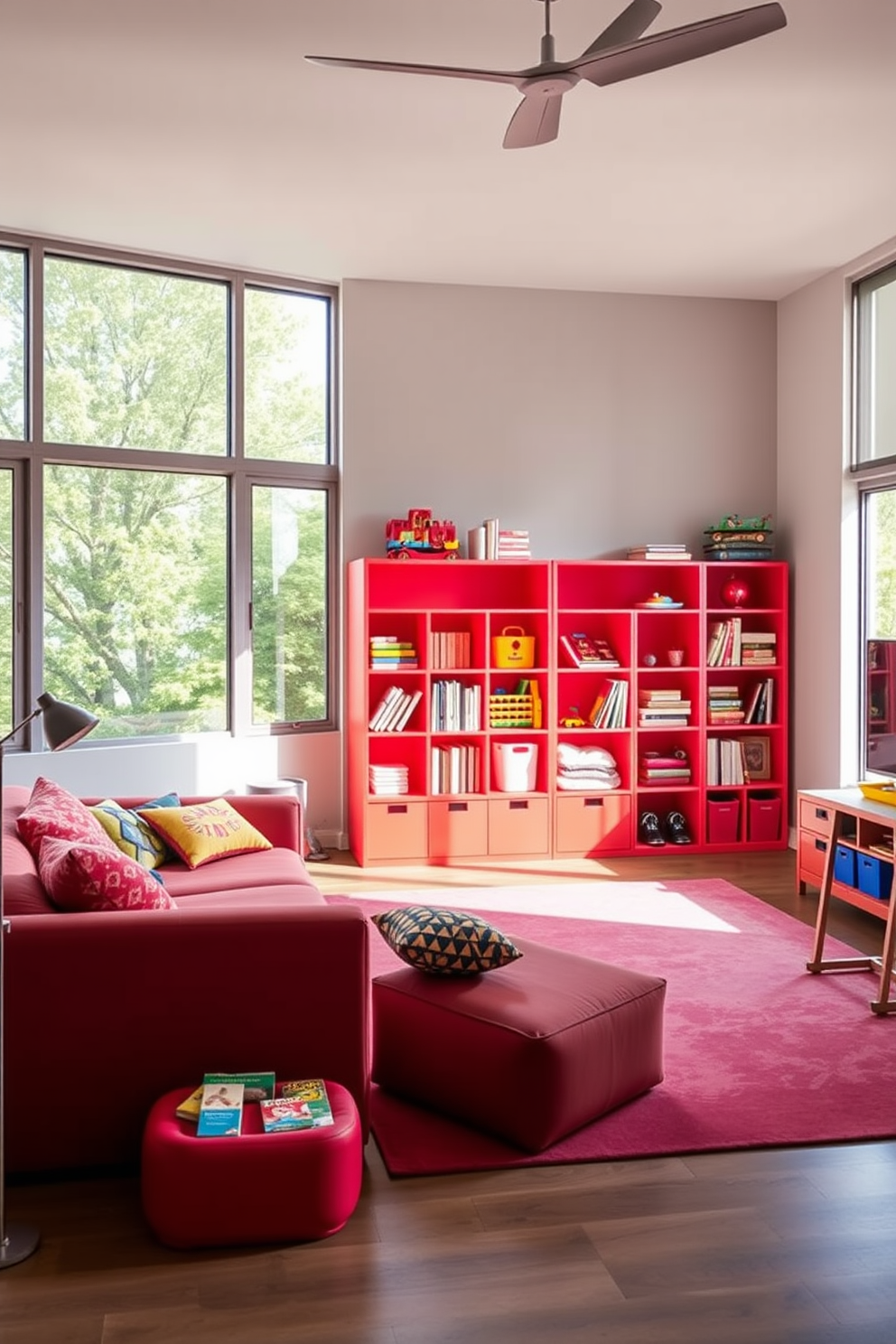 A modern playroom with multi-functional furniture that maximizes space efficiency. The room features a convertible sofa that transforms into a bed, along with a storage ottoman that doubles as seating. Brightly colored shelving units are filled with toys and books, while a large area rug provides a soft play surface. Natural light floods the room through large windows, creating an inviting and cheerful atmosphere.