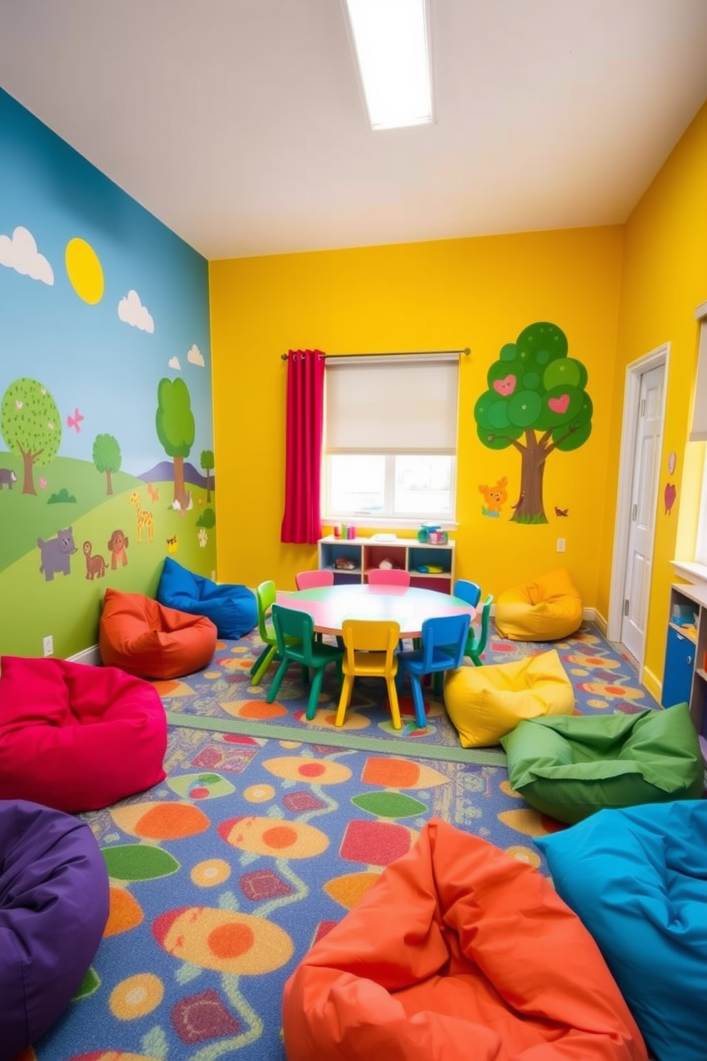 A vibrant playroom filled with bright colors and playful patterns. The walls are painted in a cheerful yellow, and colorful bean bags are scattered across the floor, inviting children to sit and play. A large mural of a whimsical landscape adorns one wall, featuring trees, animals, and a bright blue sky. In the center of the room, a multi-functional table is surrounded by colorful chairs, perfect for crafts and games.