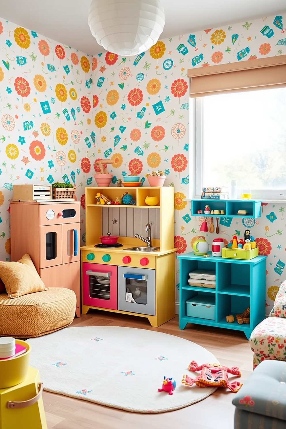 A vibrant playroom designed for children features a colorful play kitchen set against a backdrop of cheerful wallpaper adorned with playful patterns. The space includes a soft area rug, comfortable seating, and ample storage for toys, creating an inviting and imaginative environment for role play.