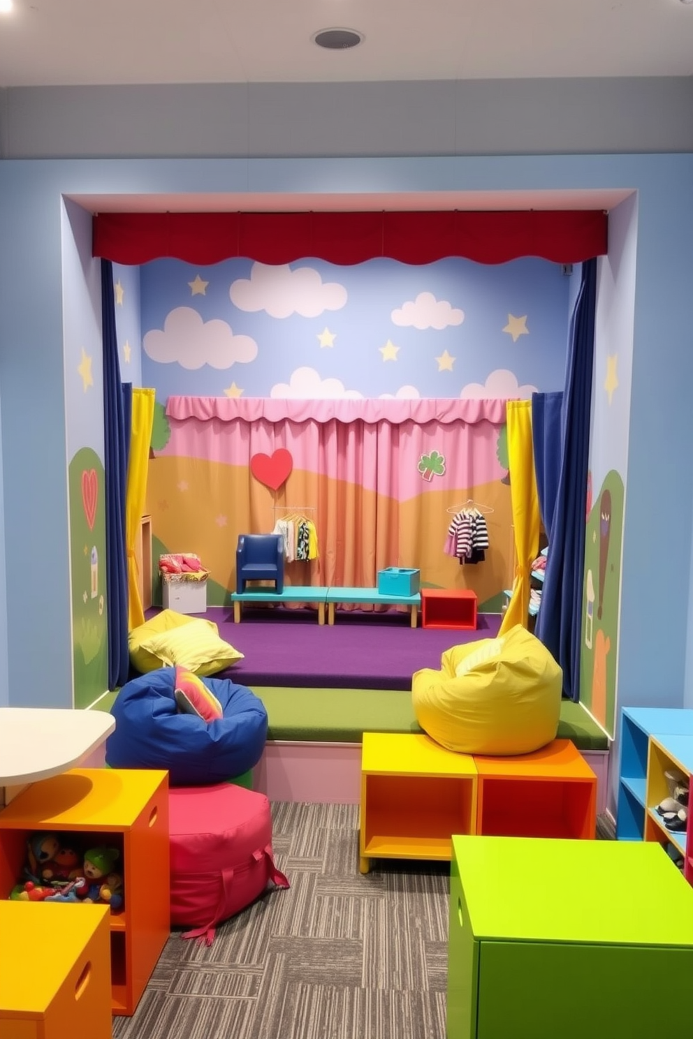 A vibrant mini stage for performances designed with colorful wall murals depicting playful scenes. The stage features a soft, cushioned floor and a backdrop of whimsical clouds and stars, creating an inviting atmosphere for creativity and fun. Surrounding the stage, there are comfortable seating areas with bean bags and low tables for children to gather and enjoy performances. Brightly colored storage units hold toys and costumes, ensuring the space remains organized and playful.