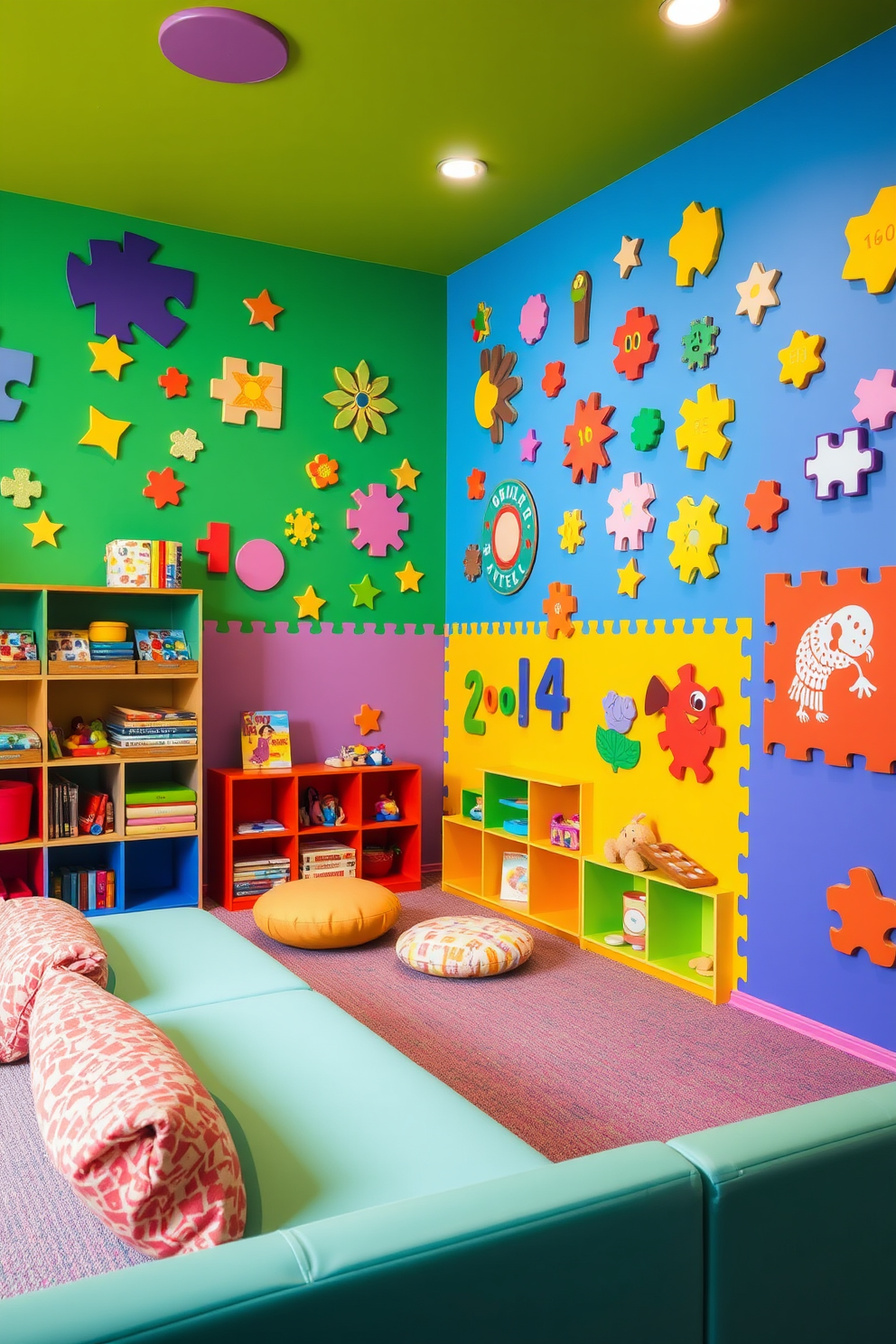 A vibrant playroom filled with interactive wall puzzles designed for children's engagement. The walls are painted in bright colors, featuring various shapes and textures that encourage tactile exploration and problem-solving. The room includes soft seating areas with plush cushions for comfort and creativity. Shelves are stocked with colorful toys and books, creating an inviting and stimulating environment for play and learning.