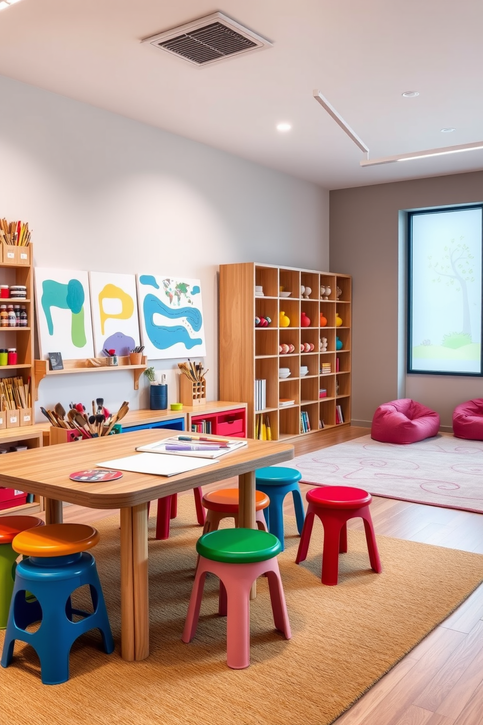 A vibrant art supplies station designed for creative expression. The station features a large wooden table surrounded by colorful stools, with shelves filled with paints, brushes, and canvases. A modern playroom designed to inspire imagination and fun. The space includes a soft rug, interactive wall panels, and a cozy reading nook with bean bags for relaxation.