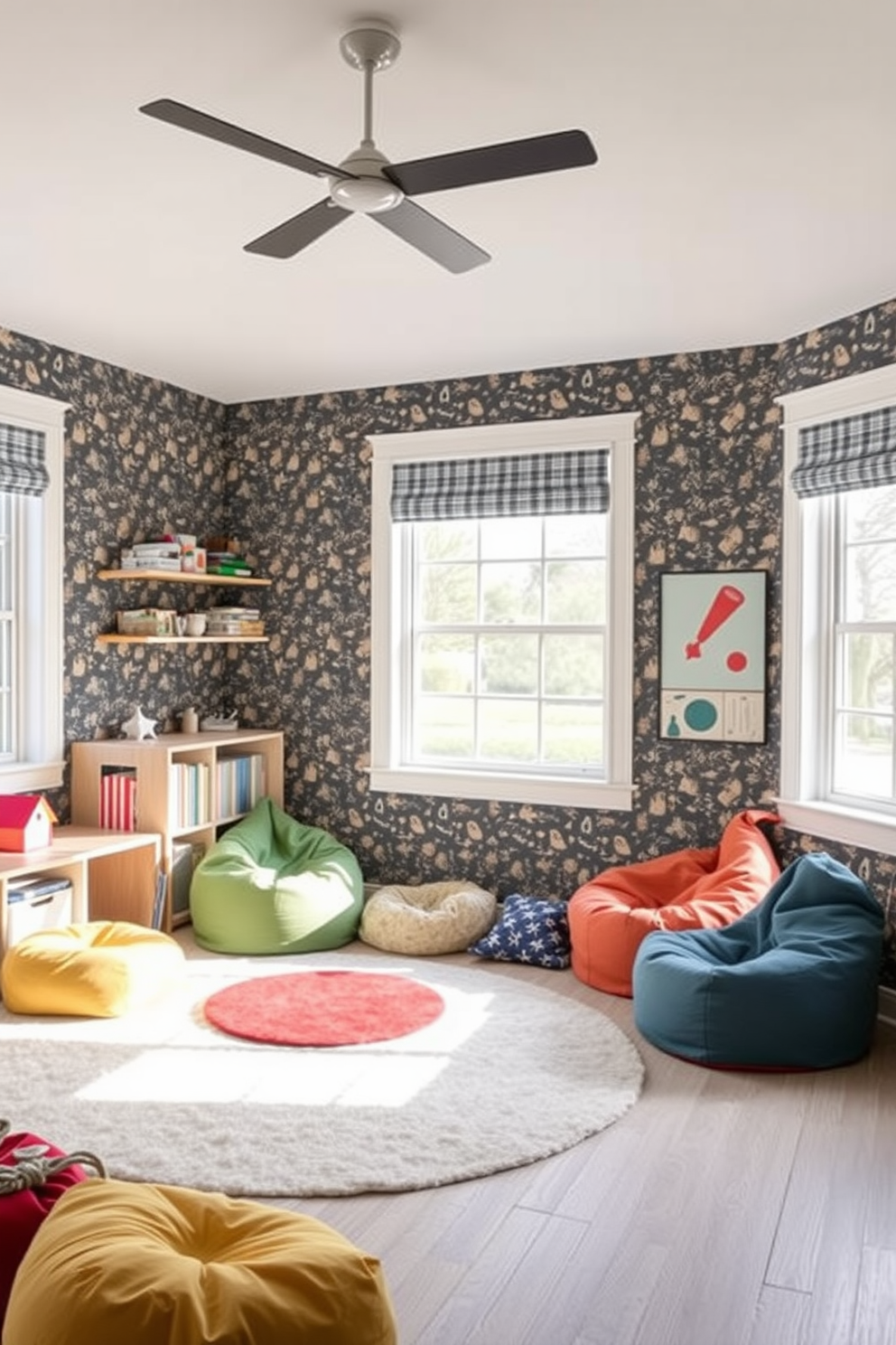 A modern playroom designed with removable wallpaper featuring playful patterns that can be easily updated as children grow. The space includes a cozy reading nook with a soft rug, colorful bean bags, and plenty of natural light streaming in through large windows.