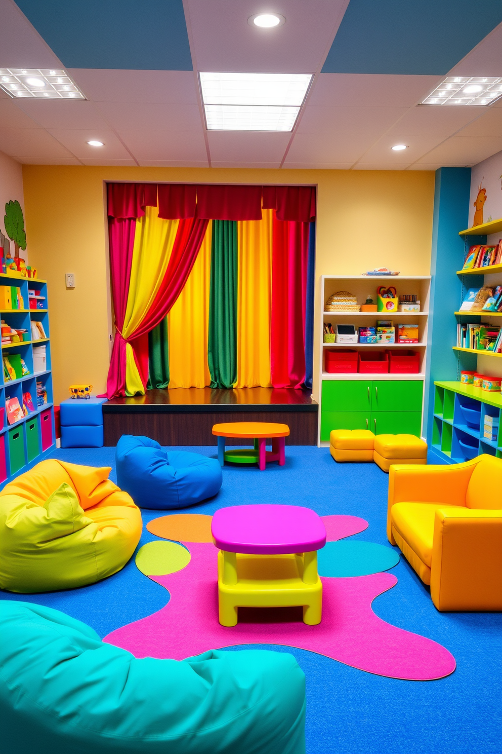 A vibrant playroom designed for creativity and fun. The space features a small stage with colorful curtains and soft lighting, perfect for performances and imaginative play. Brightly colored furniture is arranged for comfort and functionality, including bean bags and a large play table. The walls are adorned with playful murals and shelves filled with toys and books, creating an inviting atmosphere for children.