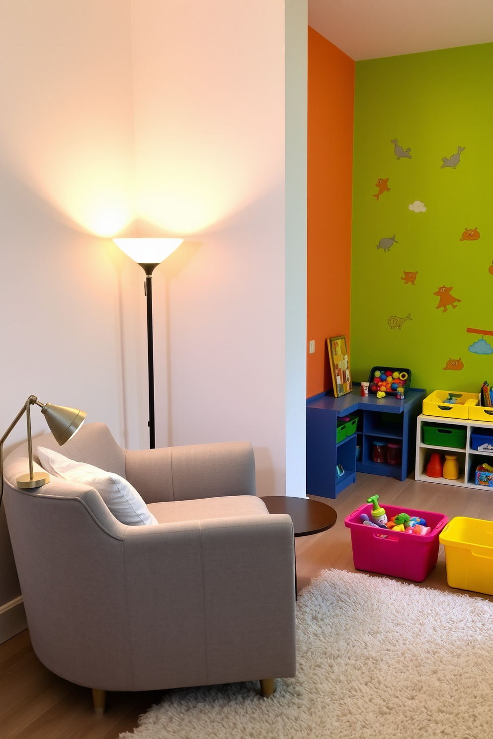 A cozy corner with a plush armchair upholstered in soft gray fabric sits beside a small round side table. A floor lamp with a warm glow illuminates the space, creating an inviting atmosphere for reading or unwinding. In the playroom, vibrant wall colors and playful wall decals create an engaging environment. A soft area rug anchors the room, surrounded by colorful storage bins filled with toys and books, ensuring a fun yet organized space.