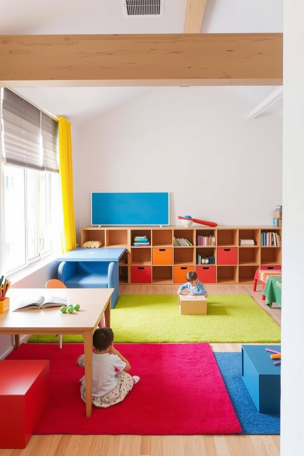 A modern playroom designed for flexibility features modular furniture that can be easily rearranged to accommodate various play activities. Brightly colored rugs define different zones for creative play, reading, and active games, creating an inviting atmosphere for children to explore.