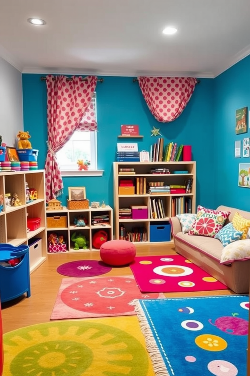 A vibrant playroom filled with energy and creativity. The walls are painted in a bright color, and playful patterned curtains frame the windows, adding a whimsical touch. Colorful rugs with fun designs cover the floor, providing a soft area for play. Shelves filled with toys and books are neatly organized, while a cozy reading nook with oversized cushions invites relaxation.