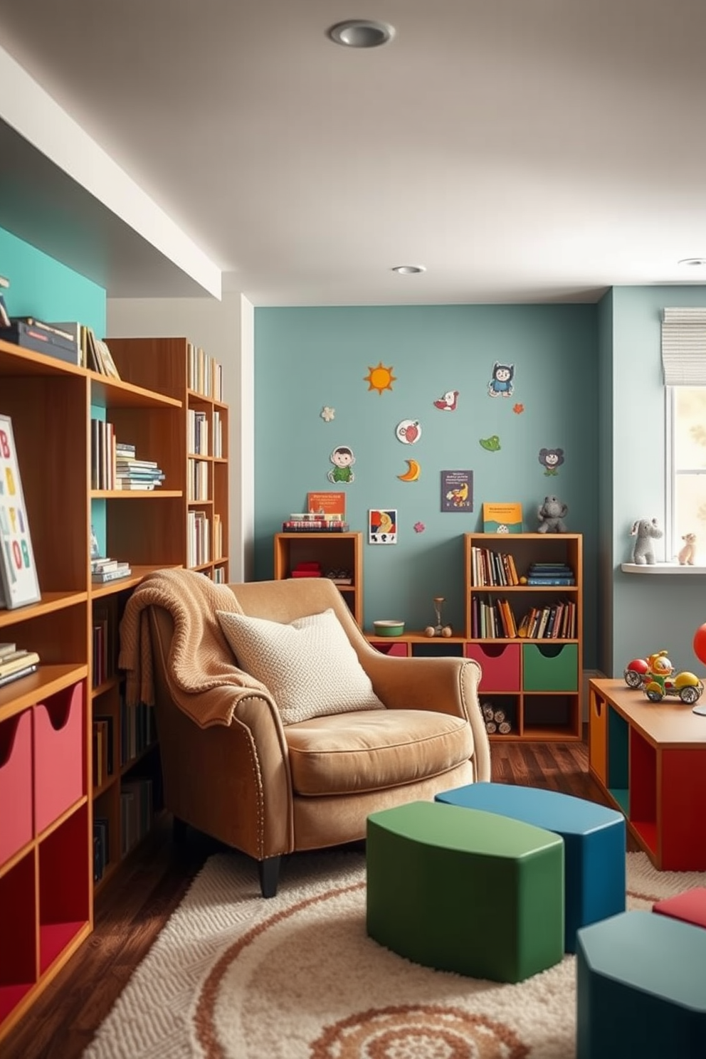 Cozy reading nook with soft cushions. A plush armchair is nestled in the corner, surrounded by bookshelves filled with colorful books, and a warm throw blanket drapes over the armrest. Modern playroom design ideas. The space features a vibrant color palette with playful wall decals, a soft rug for playtime, and modular furniture that can easily be rearranged for different activities.