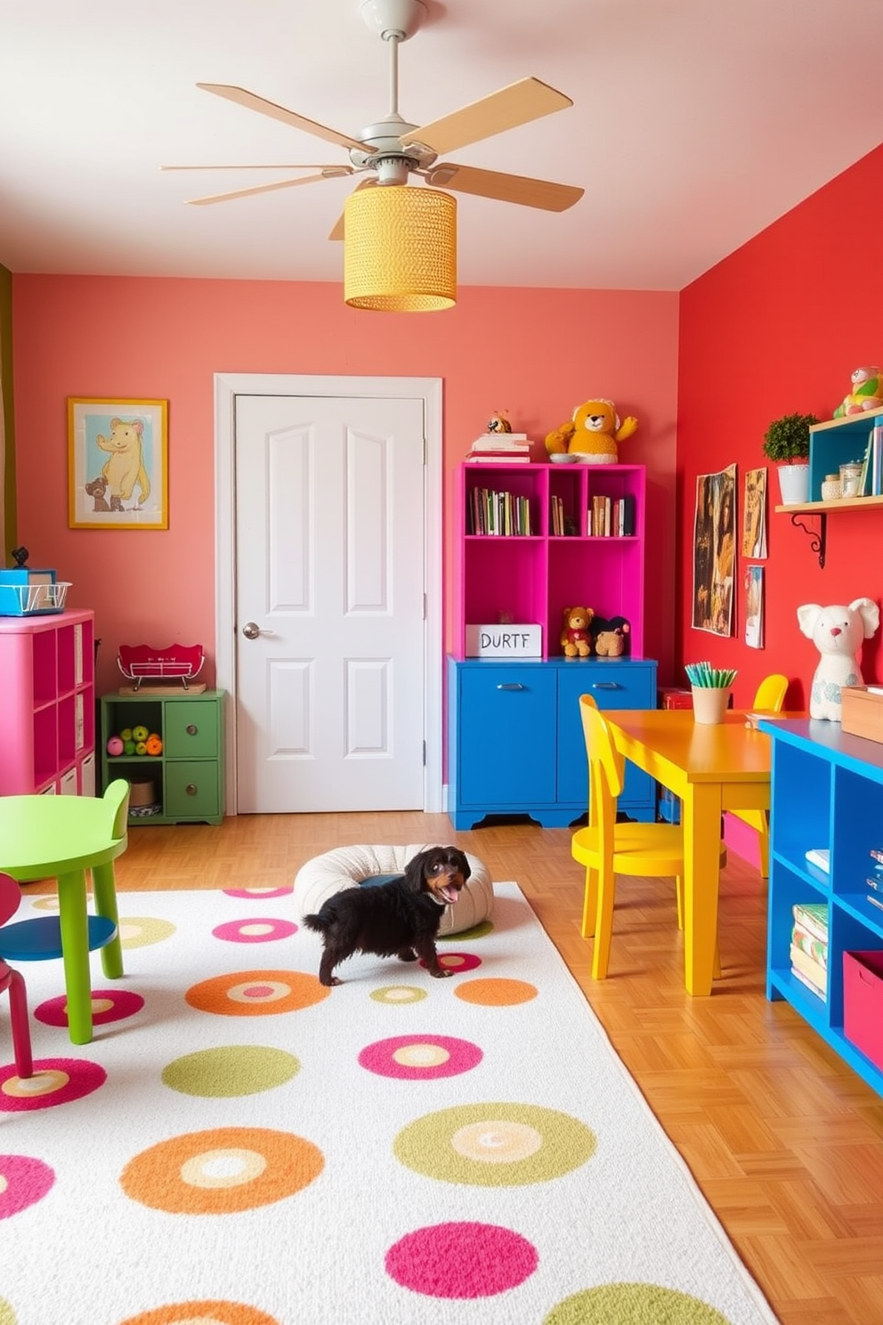 A vibrant playroom filled with colorful furniture and playful decor. In one corner, a cozy small pet area features a soft dog bed and a few toys to encourage interaction. The walls are painted in bright primary colors, creating an energizing atmosphere. A large rug in fun patterns covers the floor, providing a comfortable space for children and pets to play together.