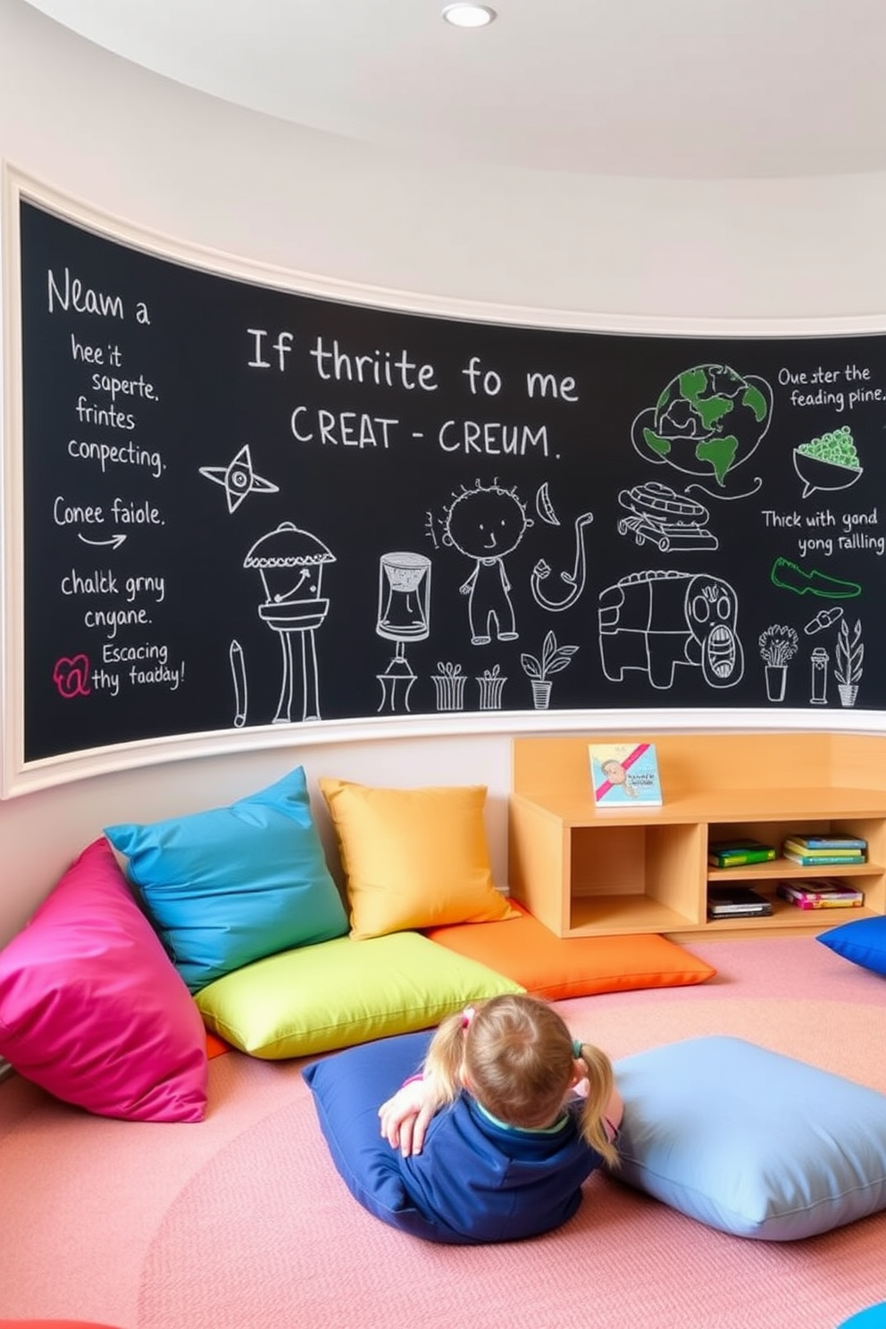 A vibrant playroom features an interactive chalkboard wall that invites creativity and artistic expression. The space is filled with colorful cushions and a cozy reading nook, creating a welcoming atmosphere for children to explore and play.