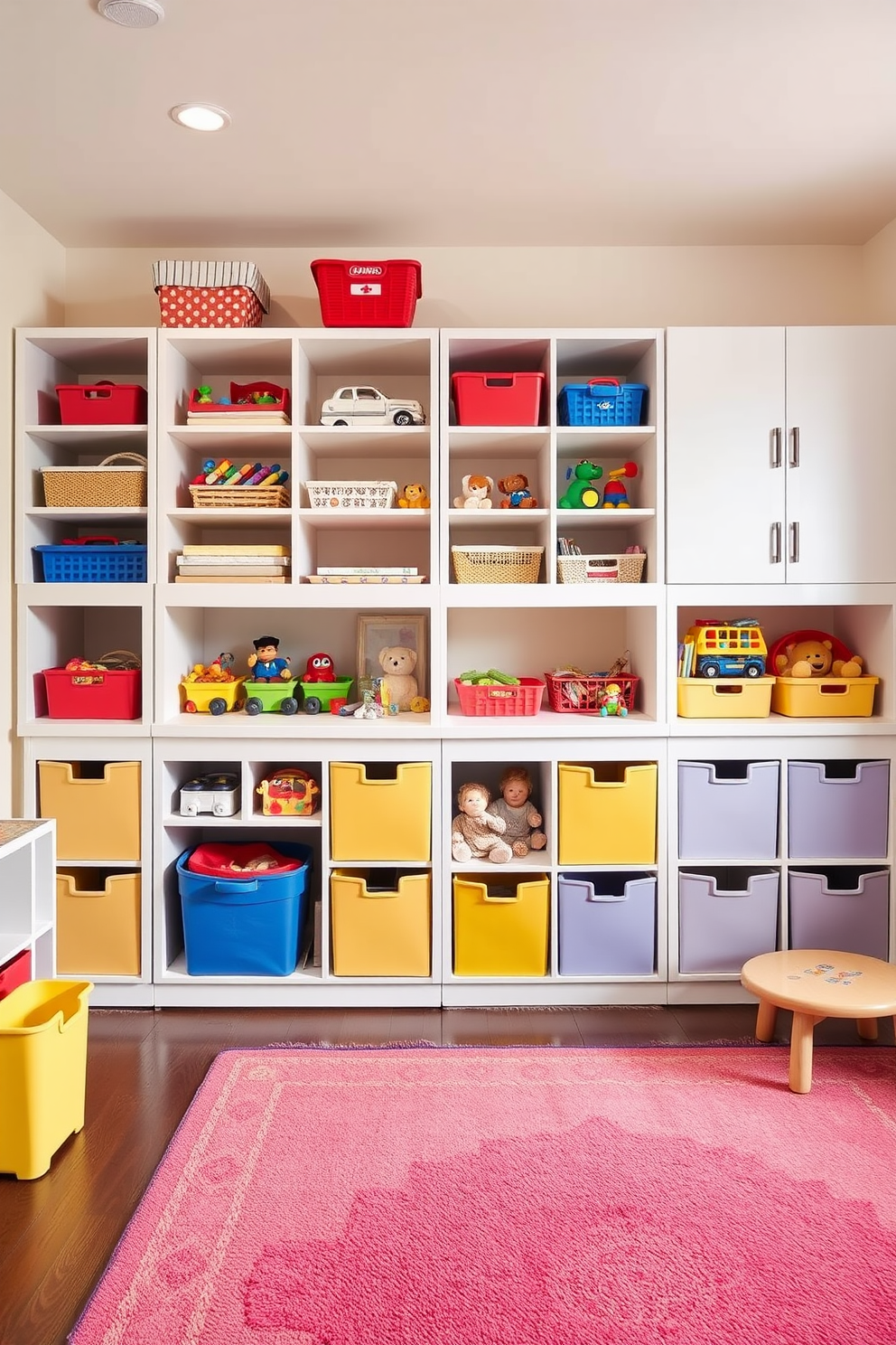 A vibrant playroom featuring modular storage units designed for organized toys. The walls are painted in a cheerful pastel color, and colorful rugs cover the floor, creating a fun and inviting atmosphere.