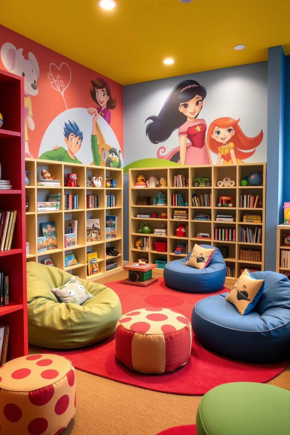 A vibrant playroom inspired by beloved characters. The walls are painted in bright colors featuring murals of the characters, and playful furniture in whimsical shapes is scattered throughout the space. Cozy reading nooks with oversized bean bags and character-themed cushions create inviting spots for children to relax. Shelves are filled with books and toys, showcasing a fun and imaginative atmosphere that encourages creativity and play.