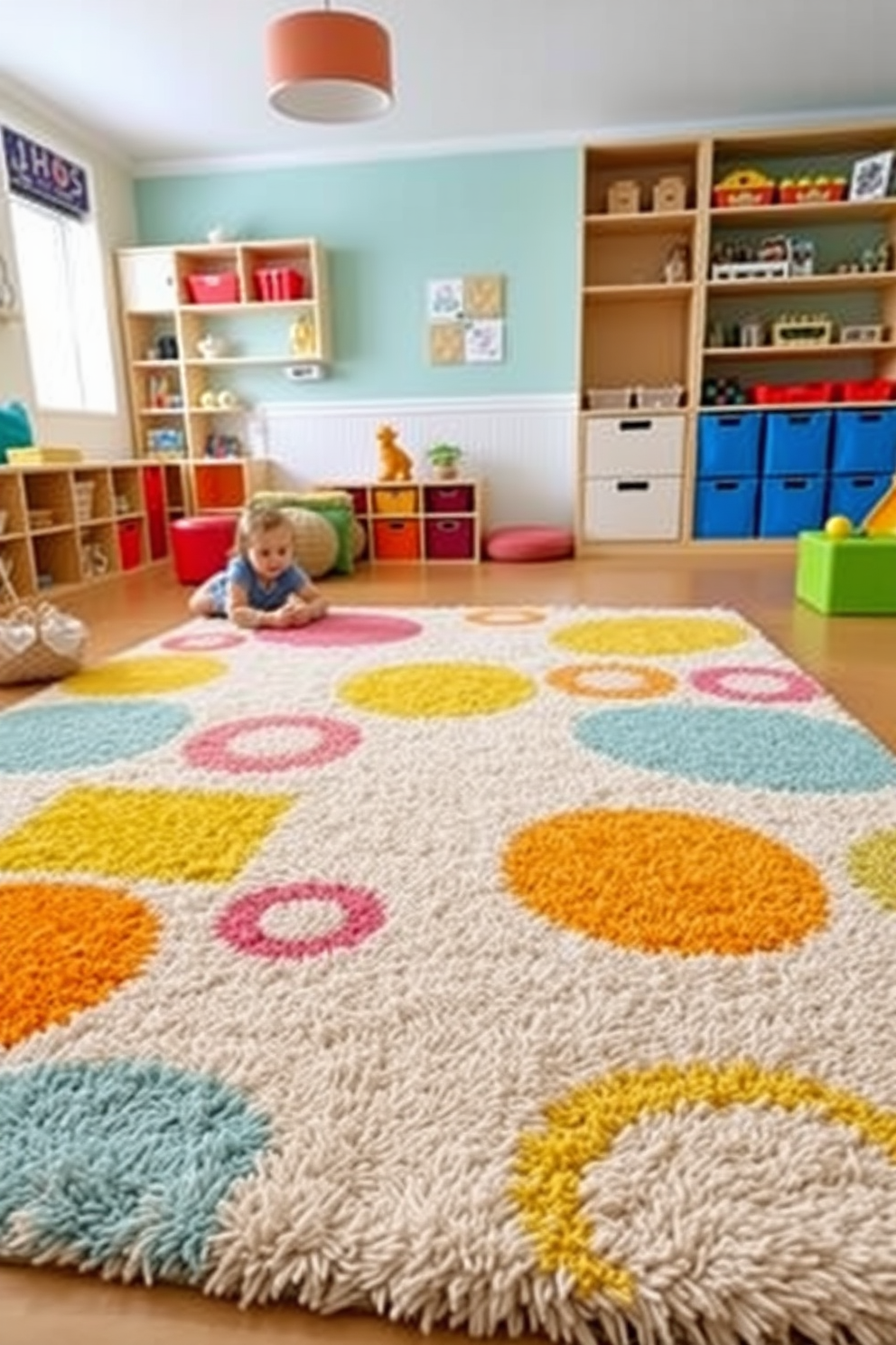 A large area rug in soft, plush fabric covers the floor, providing a cozy space for children to play. The rug features a playful pattern with bright colors that complement the overall decor of the room. The playroom is designed with modular furniture that can be easily rearranged for different activities. Walls are painted in cheerful hues, and there are plenty of storage solutions to keep toys organized and accessible.