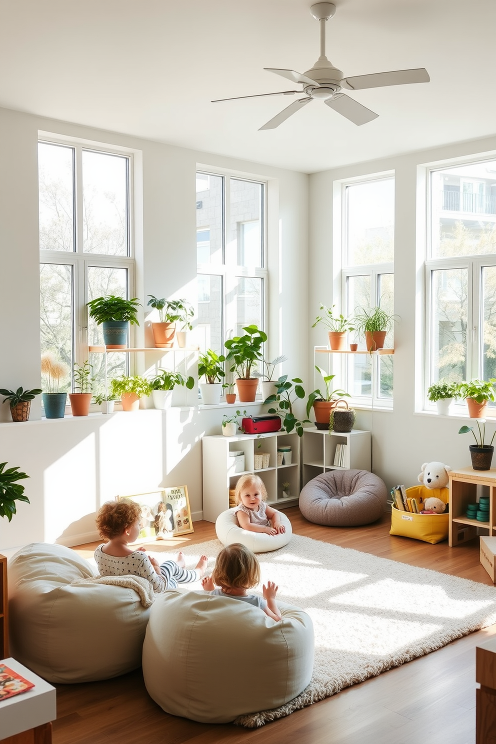 A vibrant playroom filled with natural light. The walls are painted in soft pastel colors, and large windows allow sunlight to stream in, creating a cheerful atmosphere. In one corner, a variety of indoor plants are displayed on shelves, adding a touch of greenery. A cozy reading nook features a plush rug and bean bags, inviting children to relax and explore their imaginations.