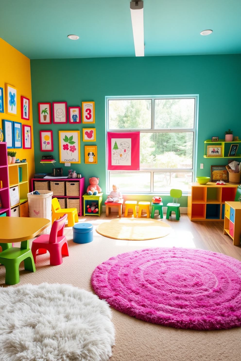 A vibrant playroom filled with colorful furniture and playful decor. The walls are adorned with a creative art display showcasing children's artwork in bright frames. Soft, plush rugs cover the floor, providing a cozy area for play. A large window allows natural light to flood the space, enhancing the cheerful atmosphere.