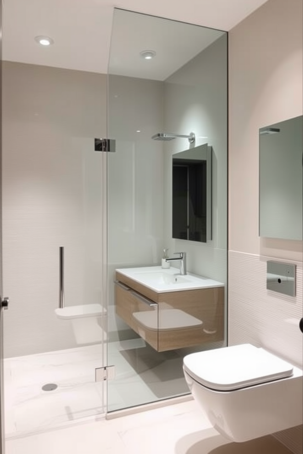 A frameless glass shower creates an open and spacious feel in the modern powder room. The sleek design features a minimalist aesthetic with clean lines and neutral colors, enhancing the overall elegance of the space. The walls are adorned with textured tiles that add depth while the floating vanity offers ample storage without cluttering the floor. Soft lighting fixtures illuminate the area, creating a warm and inviting atmosphere perfect for relaxation.