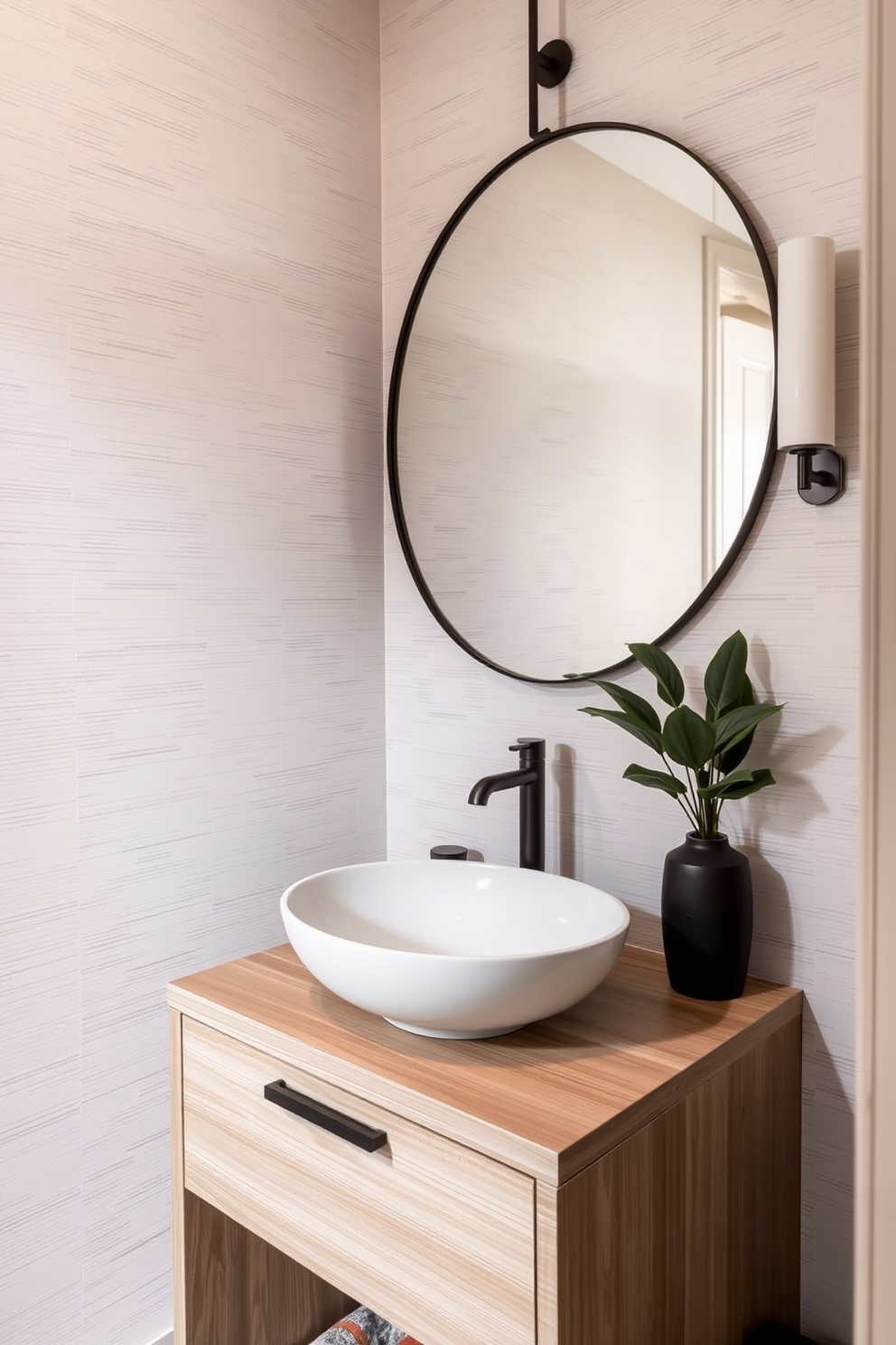 A unique vessel sink serves as the focal point of this modern powder room. It is elegantly positioned atop a sleek wooden vanity with a minimalist design, complemented by contemporary fixtures. The walls are adorned with textured wallpaper in a soft neutral tone, enhancing the room's sophistication. A large round mirror with a thin black frame reflects the stylish ambiance, while decorative elements like a potted plant add a touch of greenery.